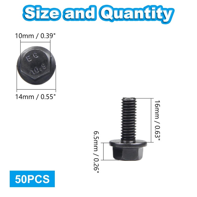 Yinpecly M6-1.0 x 16mm Flanged Hex Head Bolts Flange Hexagon Screws, External Flange Hex Drive Screws,Class 10.9 Black Finish,Alloy Steel, Fully Threaded, 50 PCS - Image 2